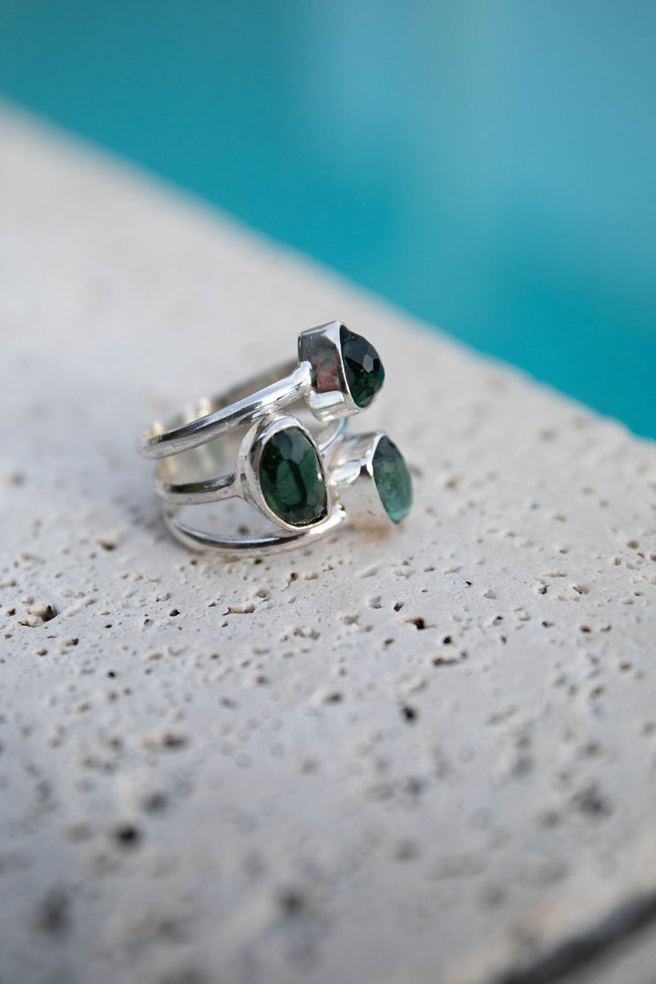High Quality Multi Dark Green Tourmaline Ring set in Sterling Silver - Size 9 US