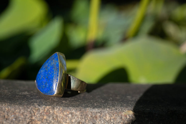 Lapis Lazuli Ring Gold Plated Beaten 92.5% Sterling Silver Adjustable Band