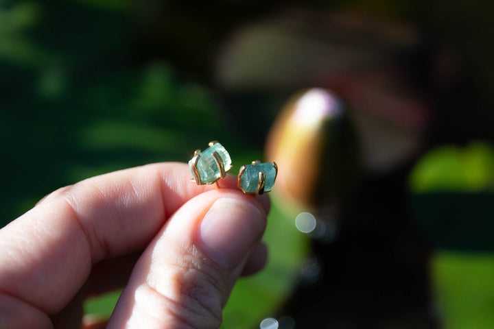 Raw Aquamarine Stud Earrings in Gold Plated Sterling Silver Claw Setting