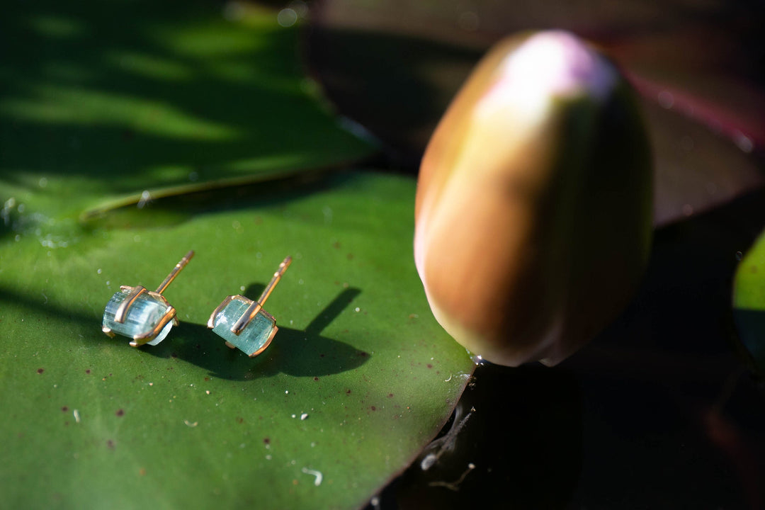 Raw Aquamarine Stud Earrings in Gold Plated Sterling Silver Claw Setting