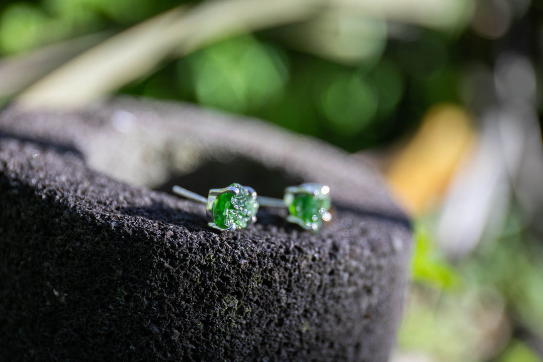 Raw Diopside Stud Earrings in Sterling Silver Claw Setting