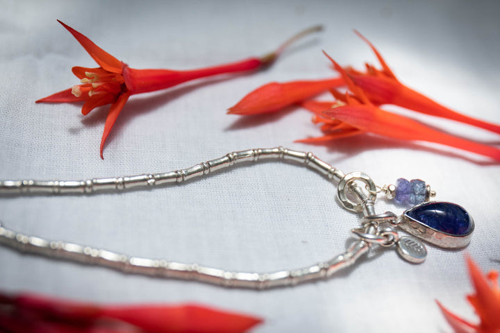 High Quality Tanzanite + Thai Hill Tribe Silver Necklace with Tanzanite Pendant and Charms