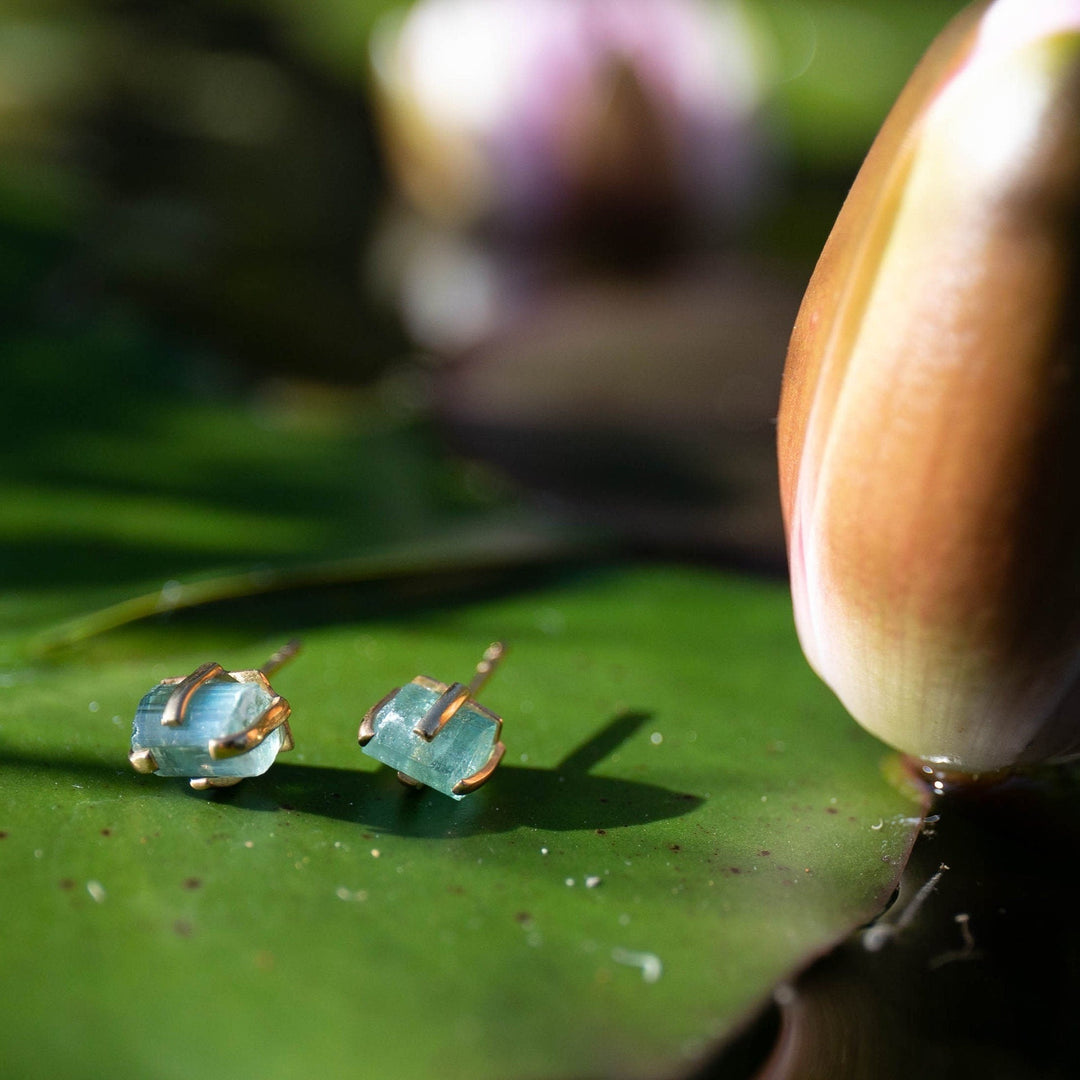 Raw Aquamarine Stud Earrings in Gold Plated Sterling Silver Claw Setting