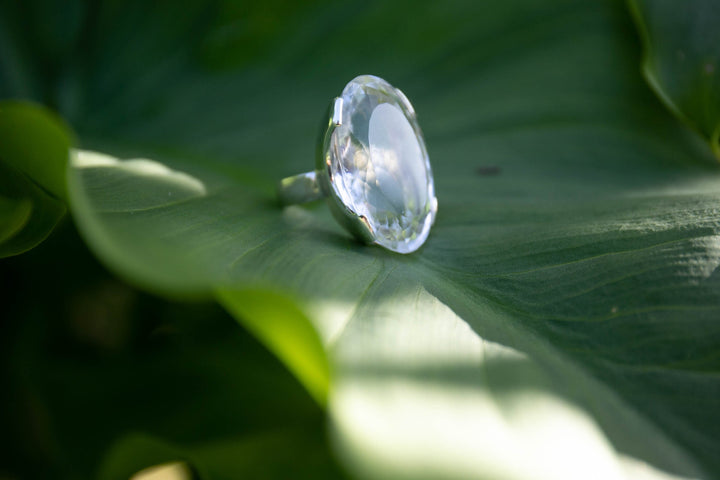 Faceted Clear Crystal Quartz Ring set in Sterling Silver - Size 9 US
