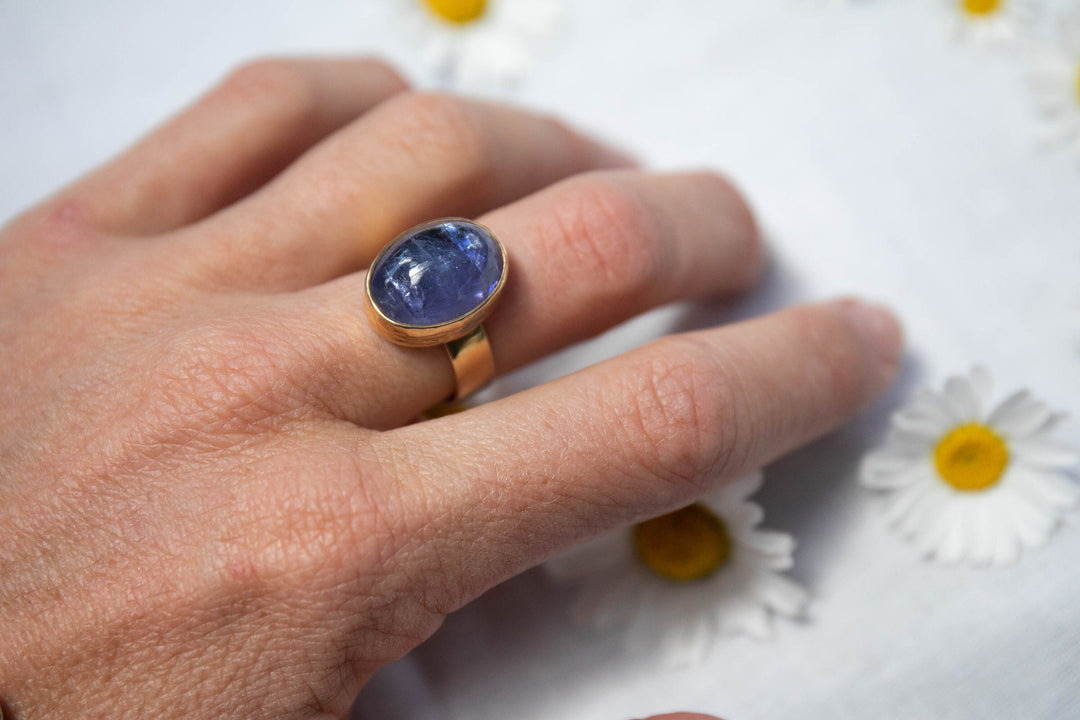 High Grade Genuine Tanzanite Ring in Beaten Gold Plated Sterling Silver Setting - Size 7 US