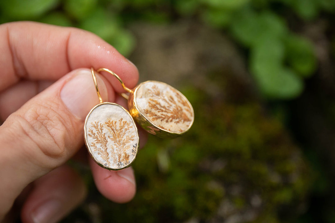 Psilomelane Dendrite or Leaf Jasper Earrings set in Beaten Gold Plated Sterling Silver