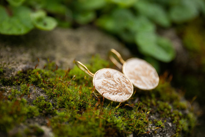 Psilomelane Dendrite or Leaf Jasper Earrings set in Beaten Gold Plated Sterling Silver
