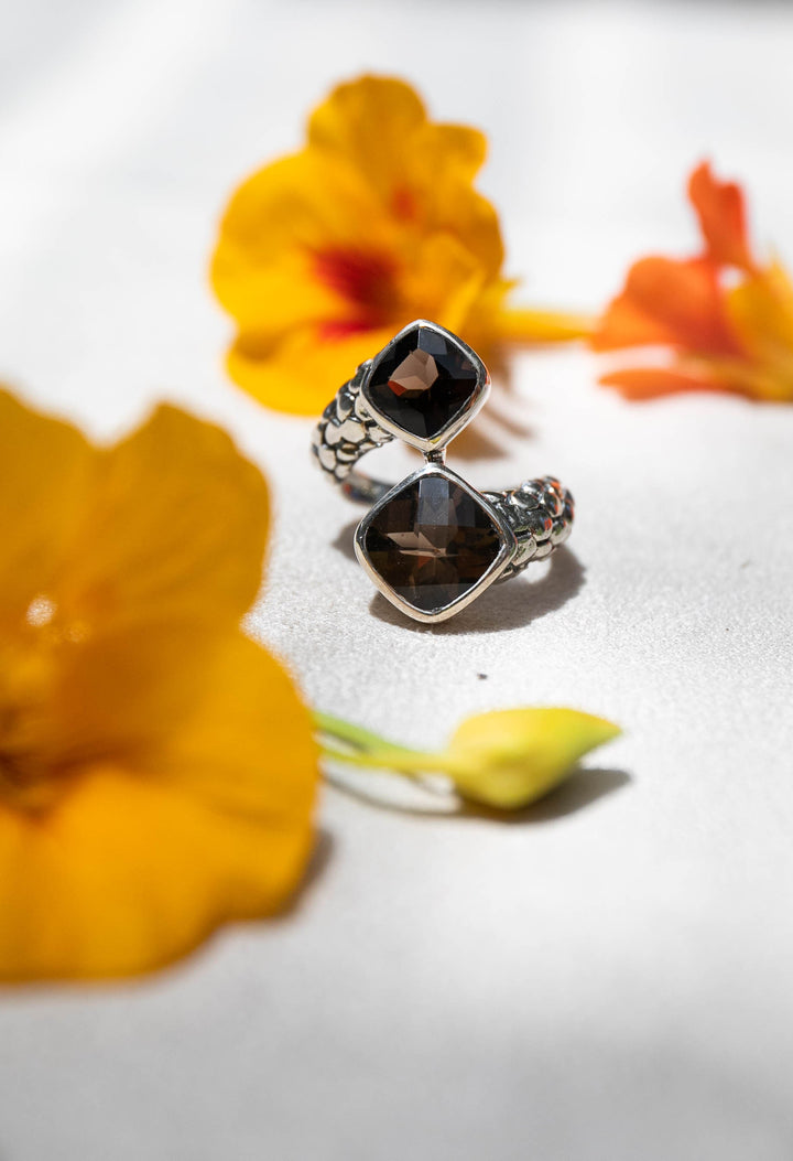 Faceted Smokey Quartz Ring in Sterling Silver - Size 7.5 US