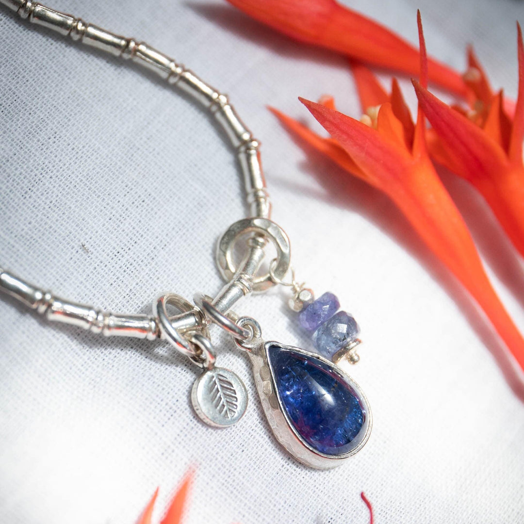 High Quality Tanzanite + Thai Hill Tribe Silver Necklace with Tanzanite Pendant and Charms