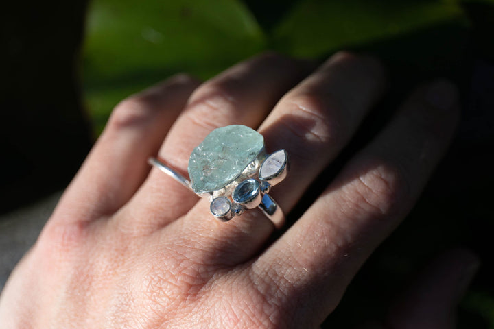 Raw Aquamarine, Rainbow Moonstone and Faceted Topaz Mixed Ring set in 92.5% Sterling Silver - Size 7 US