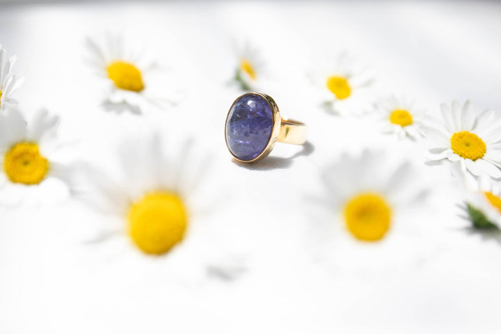 High Grade Genuine Tanzanite Ring in Beaten Gold Plated Sterling Silver Setting - Size 7 US