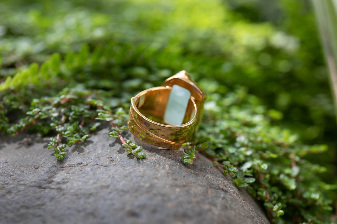 Raw Aquamarine Ring in Beaten 14k Gold Plated Sterling Silver with Adjustable Band
