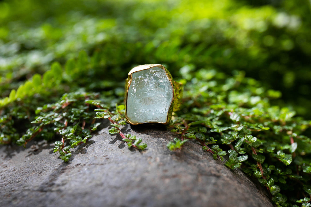 Raw Aquamarine Ring in Beaten 14k Gold Plated Sterling Silver with Adjustable Band
