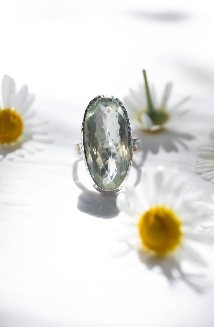 Faceted Green Amethyst Oval Ring set in Thick Beaten Sterling Silver - Size 8 US