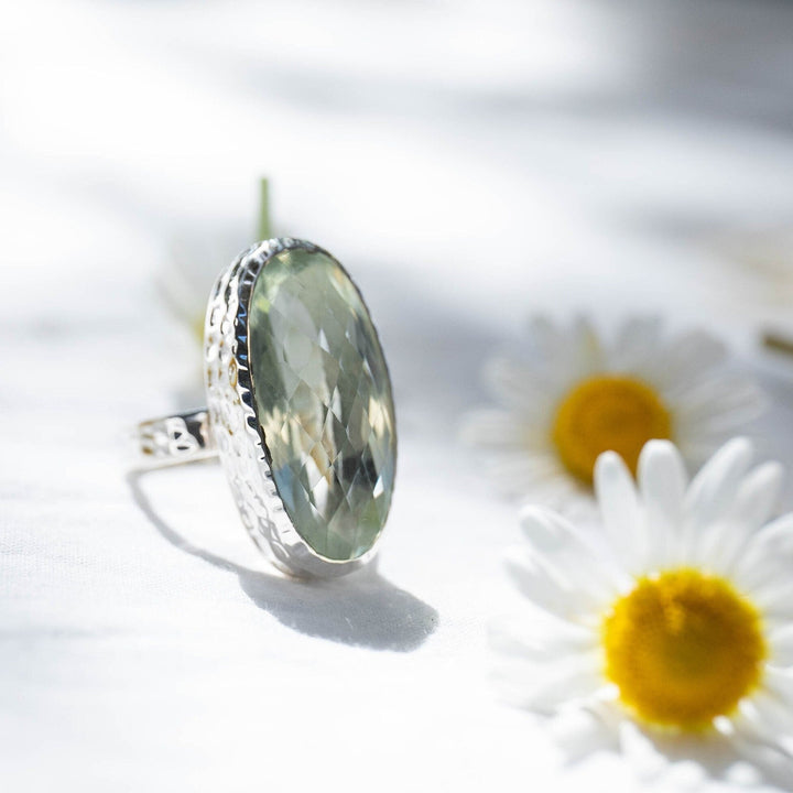 Faceted Green Amethyst Oval Ring set in Thick Beaten Sterling Silver - Size 8 US