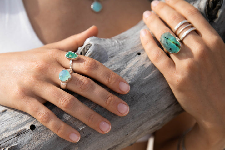 Soft Blue Peruvian Opal Ring set in Sterling Silver Setting - Size 7.5 US