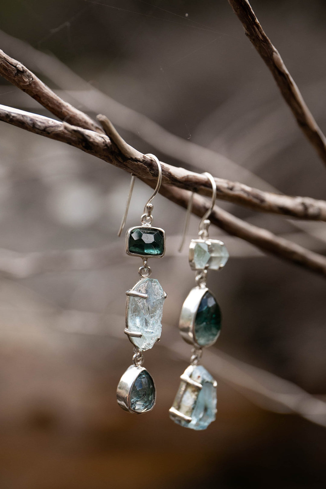 Indicolite Tourmaline and Raw Aquamarine Earrings in Sterling Silver