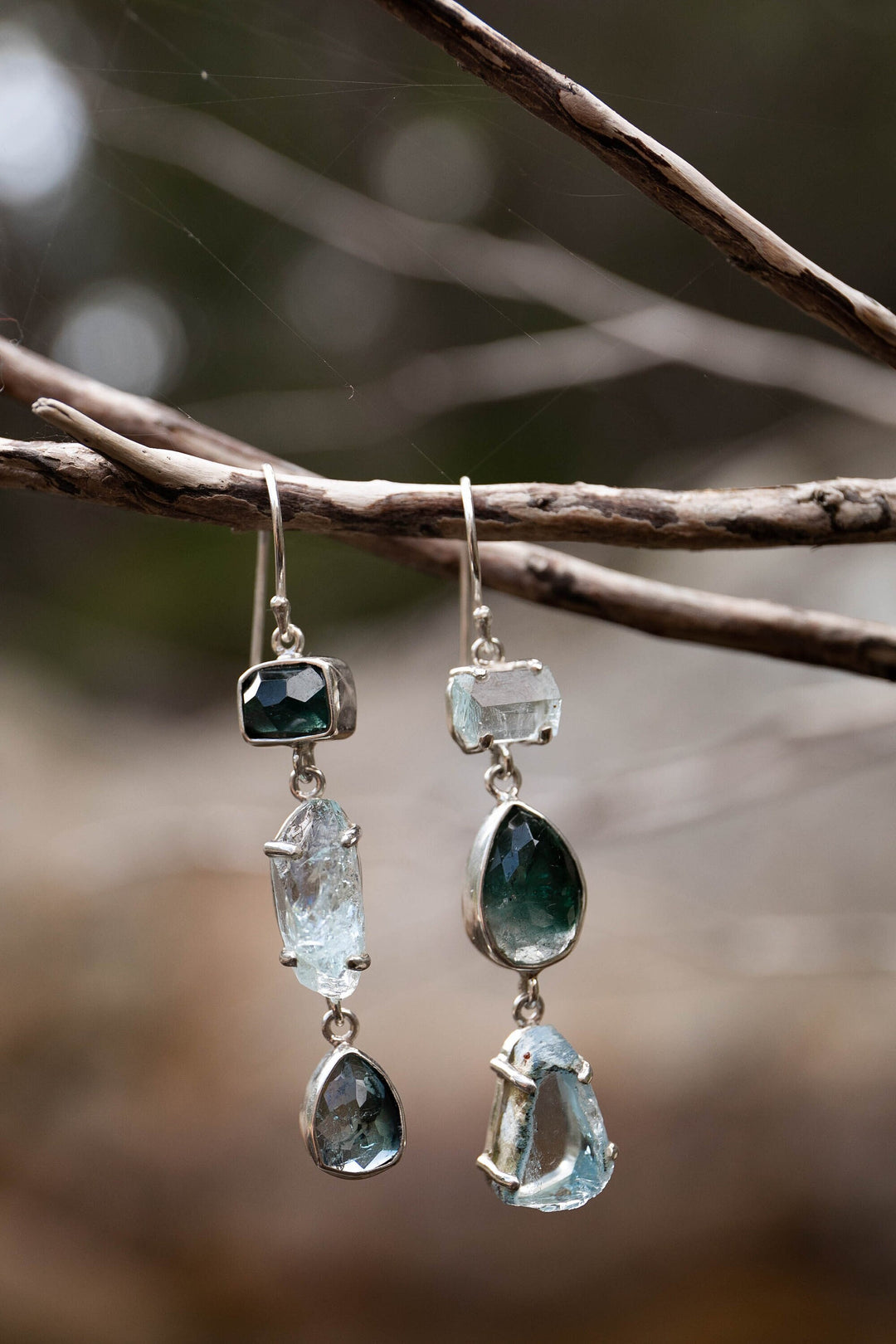Indicolite Tourmaline and Raw Aquamarine Earrings in Sterling Silver