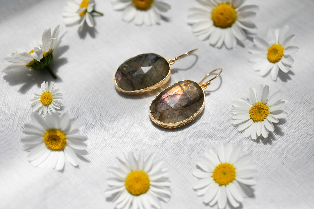 A Grade Faceted Large Labradorite Earrings set in Hammered Gold Plated Sterling Silver