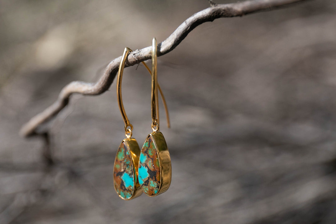Natural Turquoise Earrings set in Gold Plated Sterling Silver on Long Hooks