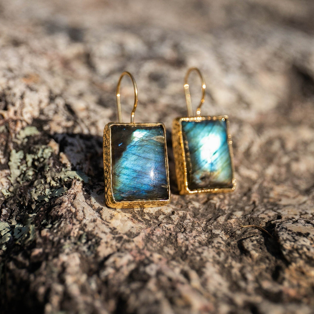 A Grade Faceted Large Labradorite Earrings set in Hammered Gold Plated Sterling Silver
