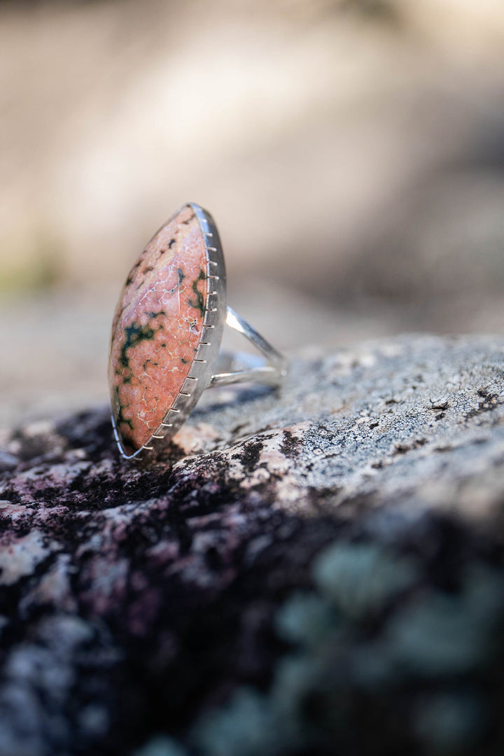 Pink Ocean Jasper Ellipse Ring in Sterling Silver Setting - Size 9 US
