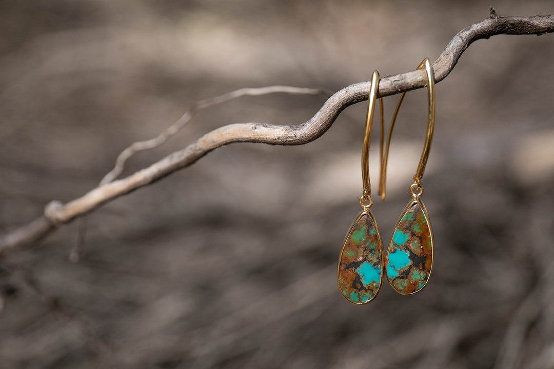 Natural Turquoise Earrings set in Gold Plated Sterling Silver on Long Hooks