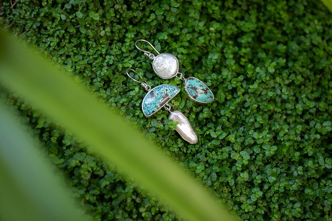 Genuine Turquoise with Biwa and Freshwater Pearl Earrings in Sterling Silver