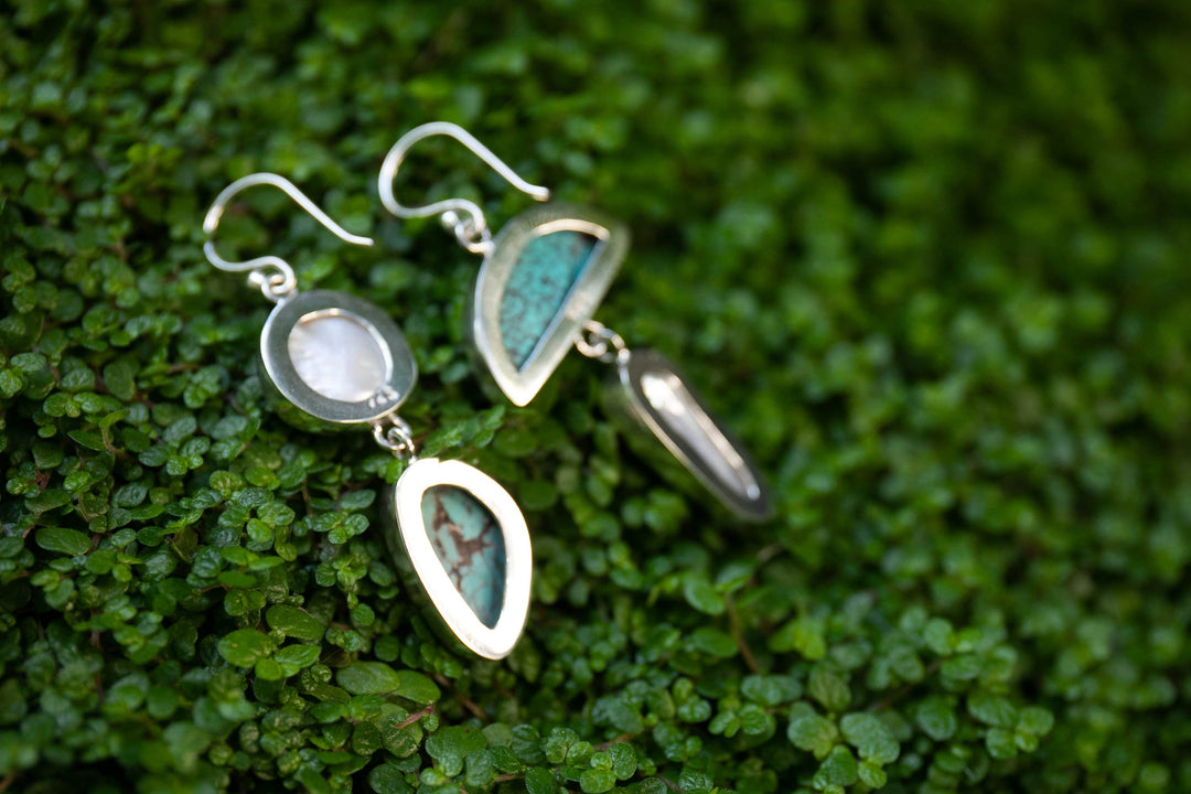 Genuine Turquoise with Biwa and Freshwater Pearl Earrings in Sterling Silver