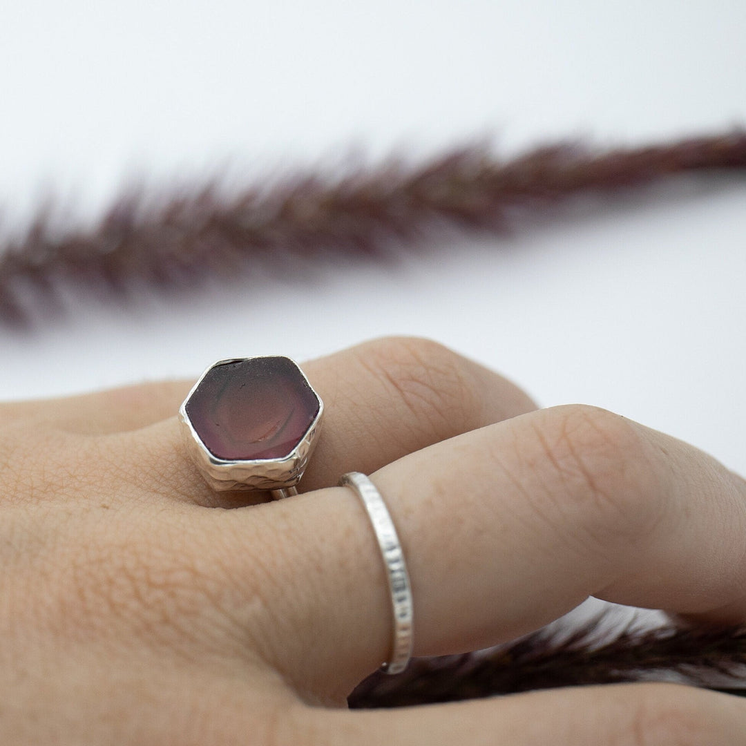 Raw Pink Tourmaline Ring in Beaten Sterling Silver with Thin Double Band - Size 6 3/4