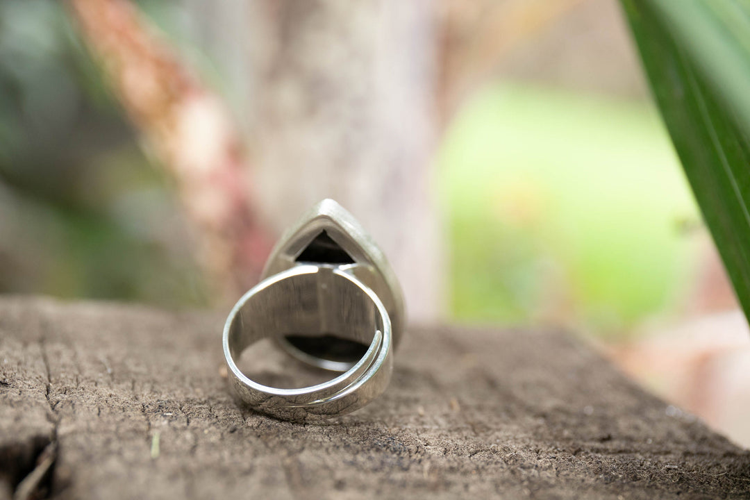 Faceted Teardrop Ocean Jasper Ring in Brushed Sterling Silver with Adjustable Band