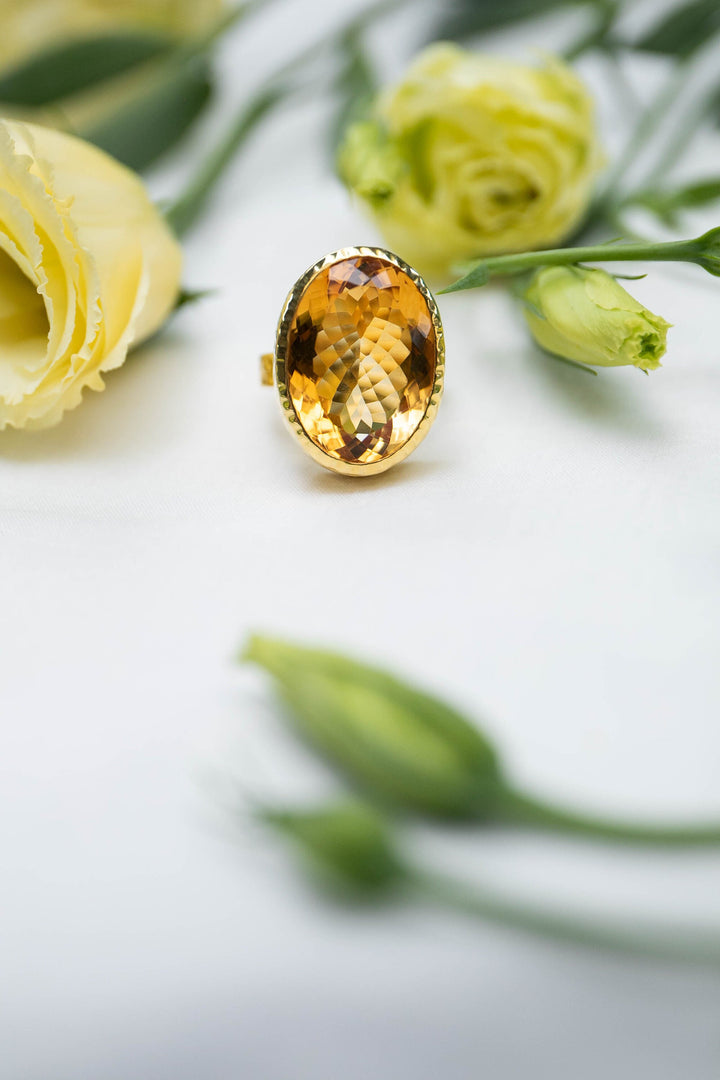 Natural Citrine Ring set in Beaten 14k Gold Plated Sterling Silver - Size 9.5 US