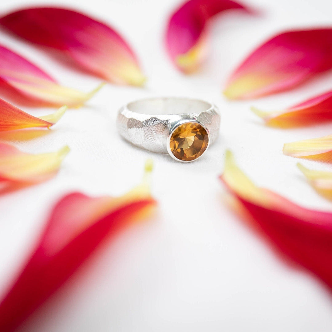 Faceted Round Natural Citrine Ring in Brushed Sterling Silver Signet Setting - Size 7 US