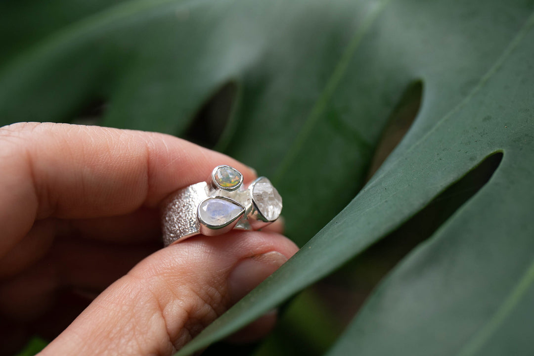 Genuine Australian Opal, Herkimer Diamond and Rainbow Moonstone Ring set in Sterling Silver Band - Size 6 US