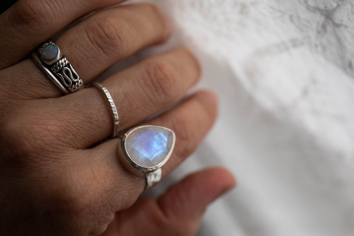 Faceted Rainbow Moonstone Ring in Teardrop Sterling Silver Setting with Beaten Band - Size 8 US