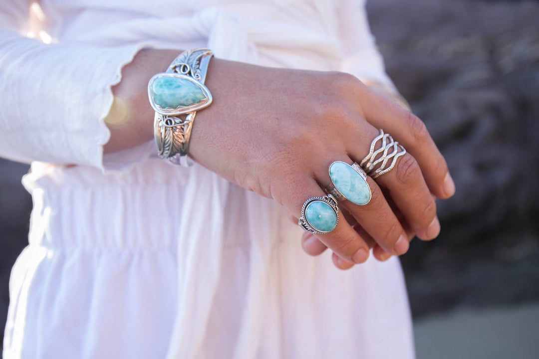 Oval Larimar Ring in Tribal Sterling Silver Setting - Size 6.5 US