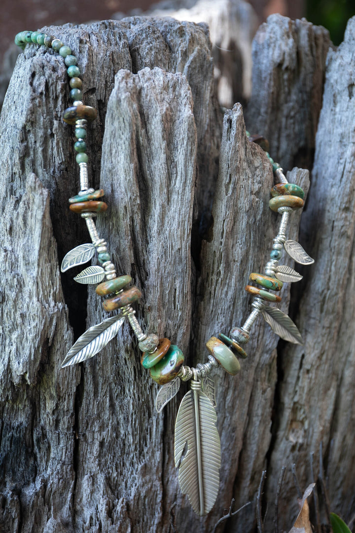 Genuine Turquoise, Boulder Turquoise + Thai Hill Tribe Silver Leaf Beaded Necklace