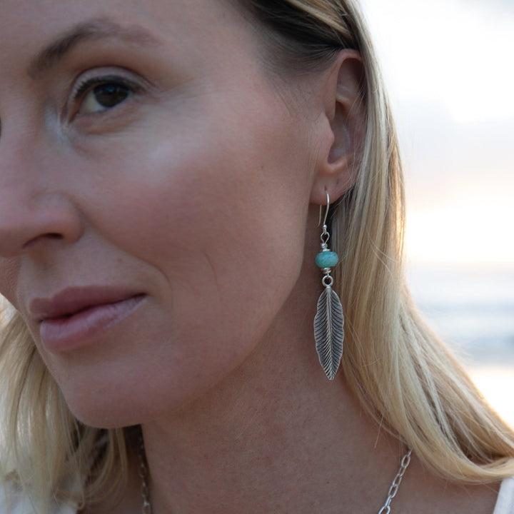 Amazonite Feather Leaf Earrings with Thai Hill Tribe Silver