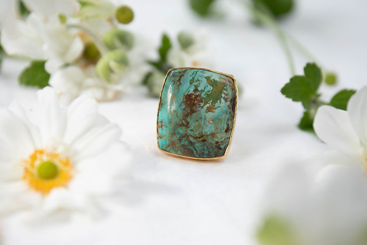 Genuine Turquoise Ring in Beaten Gold Plated Sterling Silver Adjustable Setting