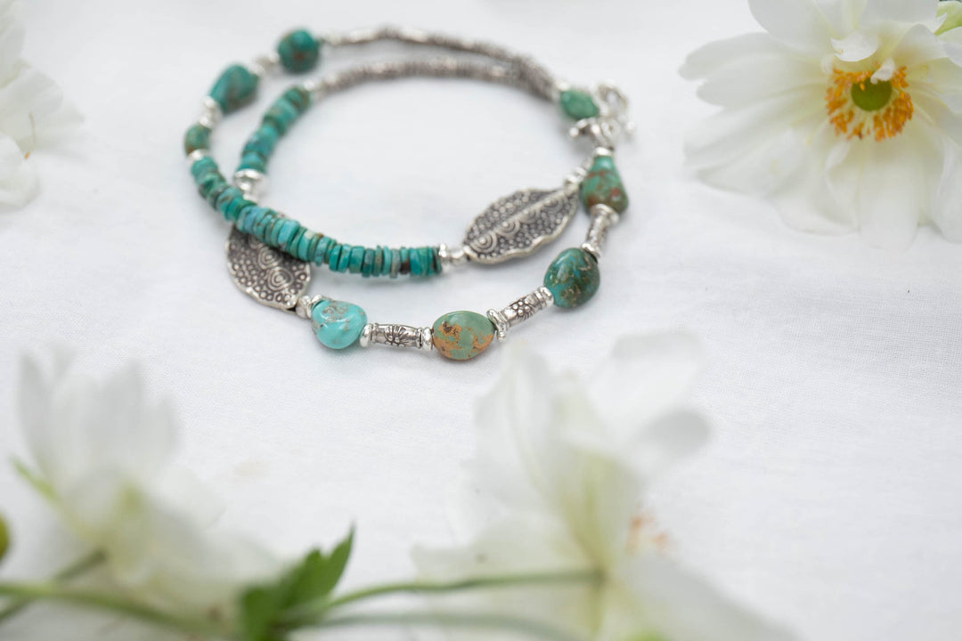 Natural Turquoise Wrap Bracelet with Thai Hill Tribe Silver Beads