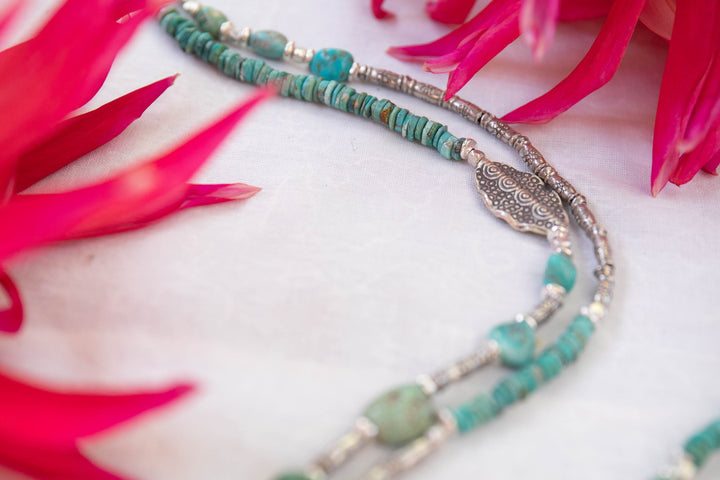 Long Turquoise Necklace with Thai Hill Tribe Silver Beads