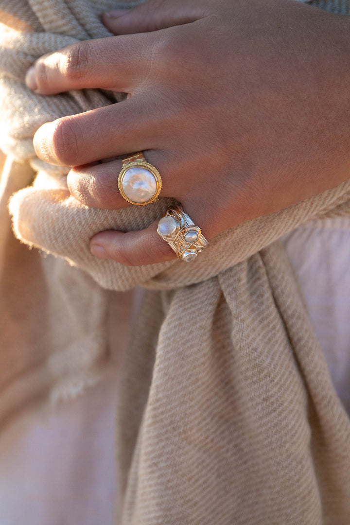 Fresh Water Pearl Ring set in 14k Gold Plated Sterling Silver - Size 7 US