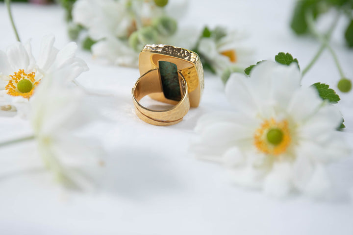 Genuine Turquoise Ring in Beaten Gold Plated Sterling Silver Adjustable Setting