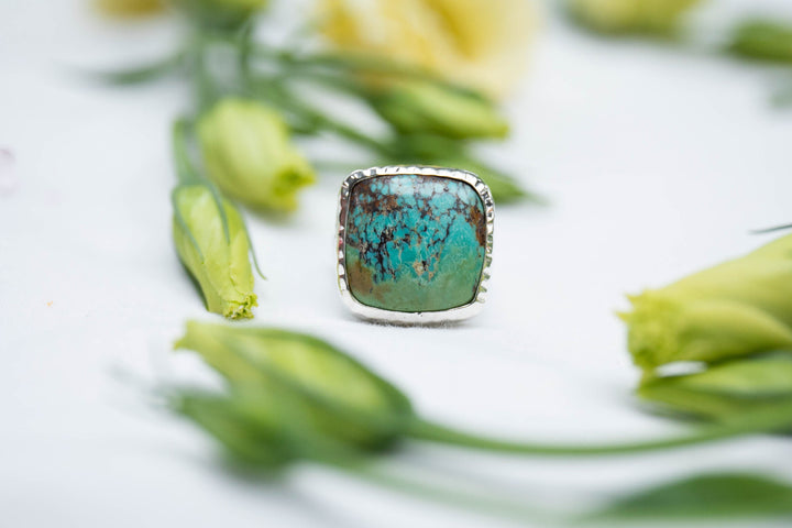 Genuine Square Turquoise Ring in Sterling Silver Setting with Beaten Band - Size 7 US