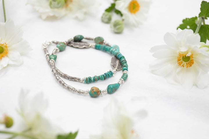 Natural Turquoise Wrap Bracelet with Thai Hill Tribe Silver Beads