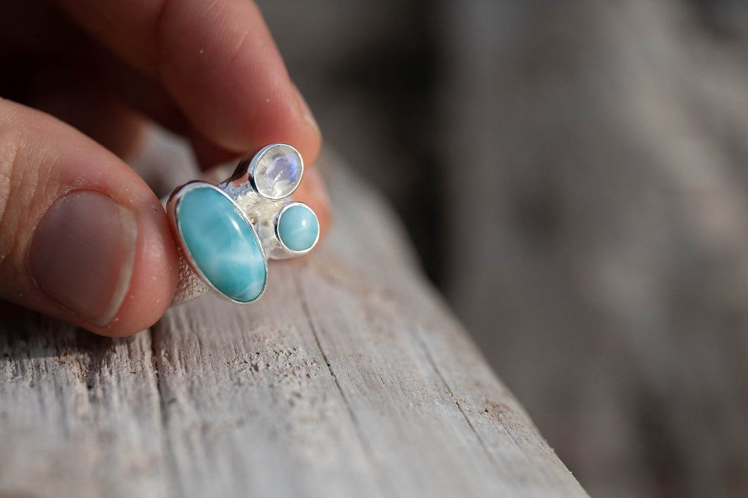 Multi Gemstone Ring with Larimar and Rainbow Moonstone Sterling Silver - Size 8 US