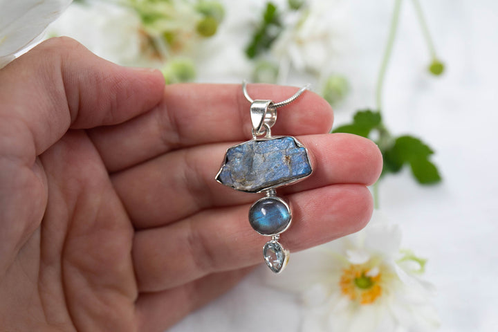 Raw Labradorite and Topaz Pendant set in 92.5% Sterling Silver