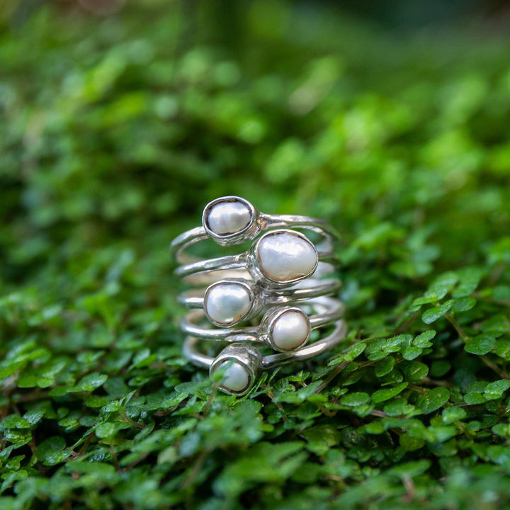 Multi Fresh Water Pearl Ring set in Beaten Sterling Silver - Size 7 US