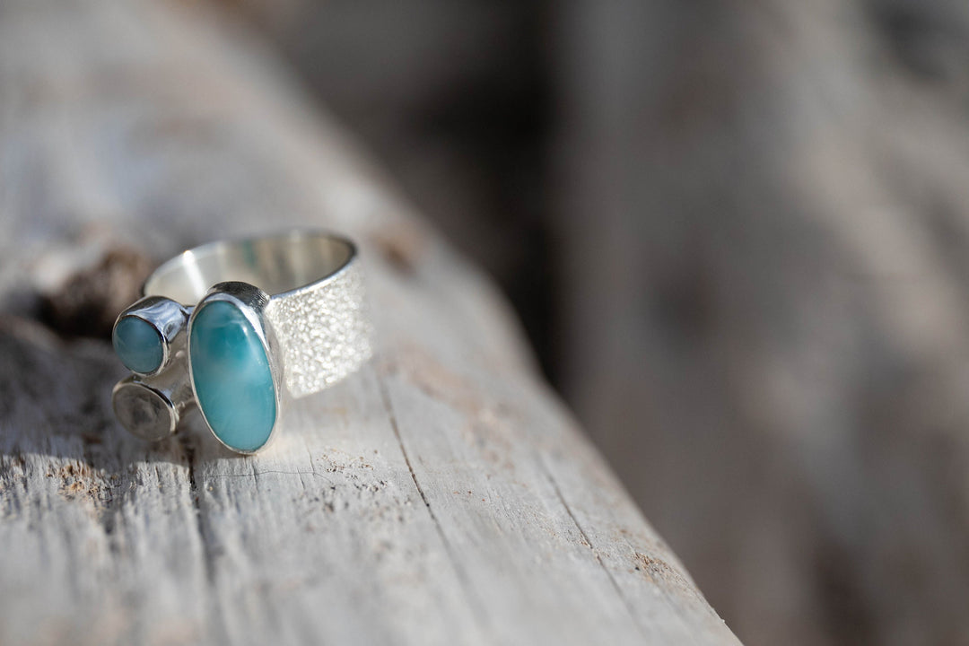 Multi Gemstone Ring with Larimar and Rainbow Moonstone Sterling Silver - Size 8 US