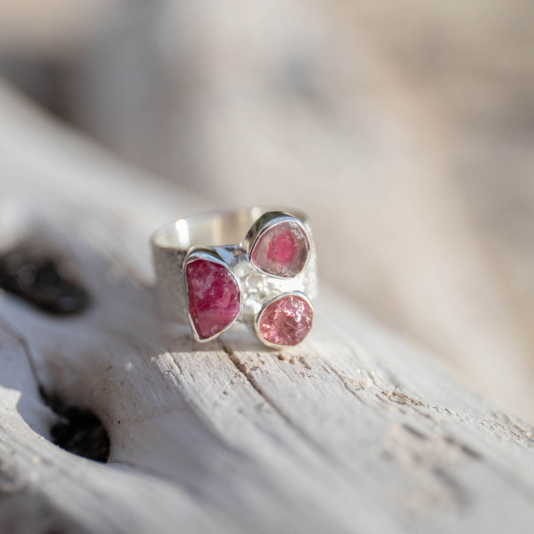 Multi Raw Ruby and Pink Tourmaline Ring set in Sterling Silver- Size 7.5 US